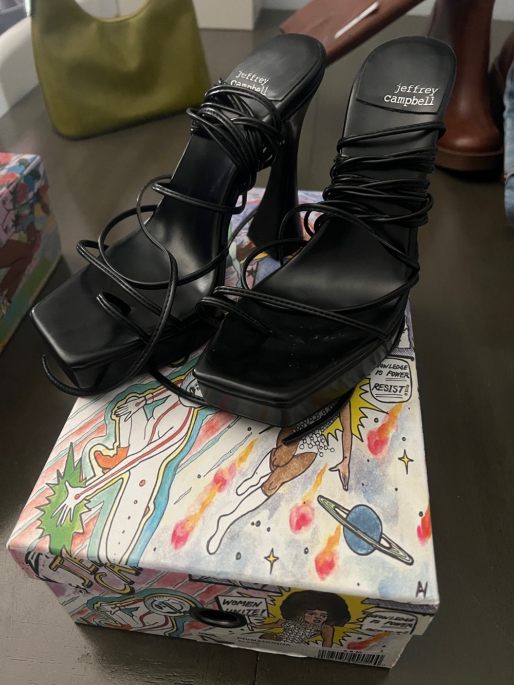 Jeffrey Campbell PRIMADONNA Black Strappy Square-Toe Platform Heels